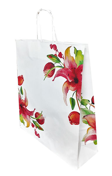 Sac en papier blanc avec imprimé fleuri, avec poignée torsadée 360 x 405 x 115 mm