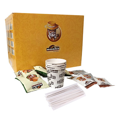 Combo 100 Café Mambo - Capsules de café + gobelets jetables + sachets de sucre + bâtonnets mélangeurs