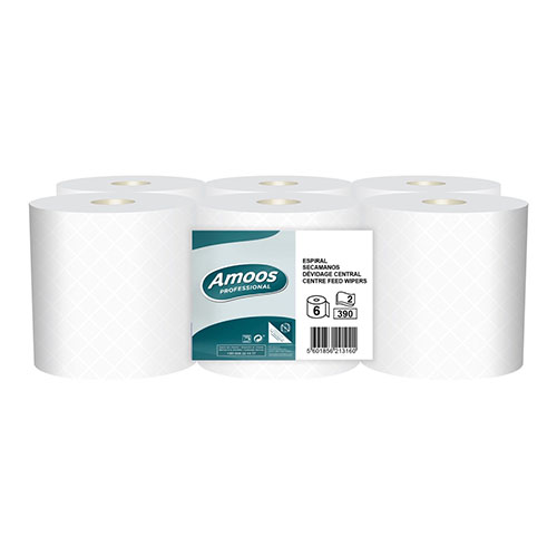 6 rouleaux avec 390 essuie-mains blancs en spirale. 2 plis